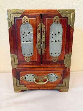 Vintage Chinese Rosewood Brass  soapstone Jewelry Cabinet 9.25x5x5 READ